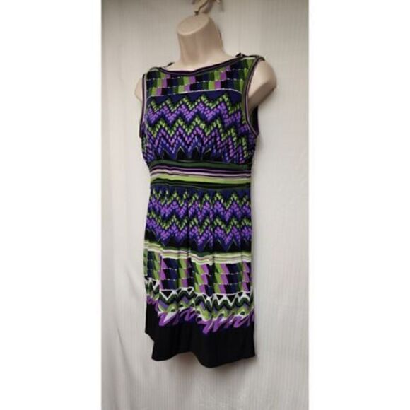 Sandra Darren Sheath Dress 8P Green Geometric Lined Polyester Knee Length - Picture 5 of 7